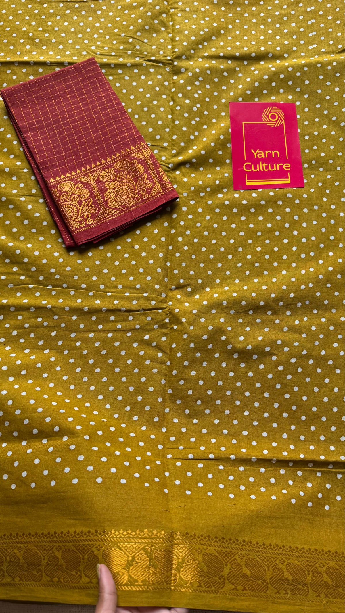 Mehendi green sungudi dotted, single-side border, kattuchayam dyed madurai cotton saree - YCCOTNMSSE07