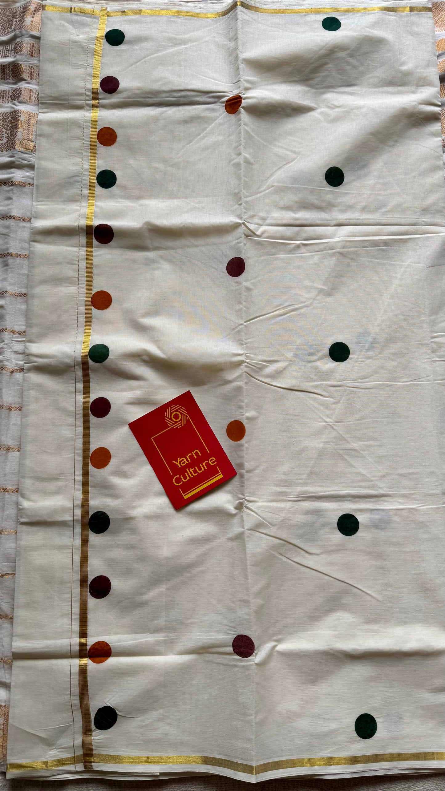 Ivory and gold soft cotton thin border kasavu saree, maroon, green and mustard polka - YCIEON74