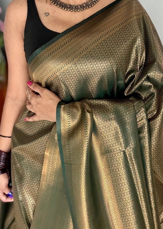 Dark green, antique gold zari, semi -silk - YCDOSOCSS04