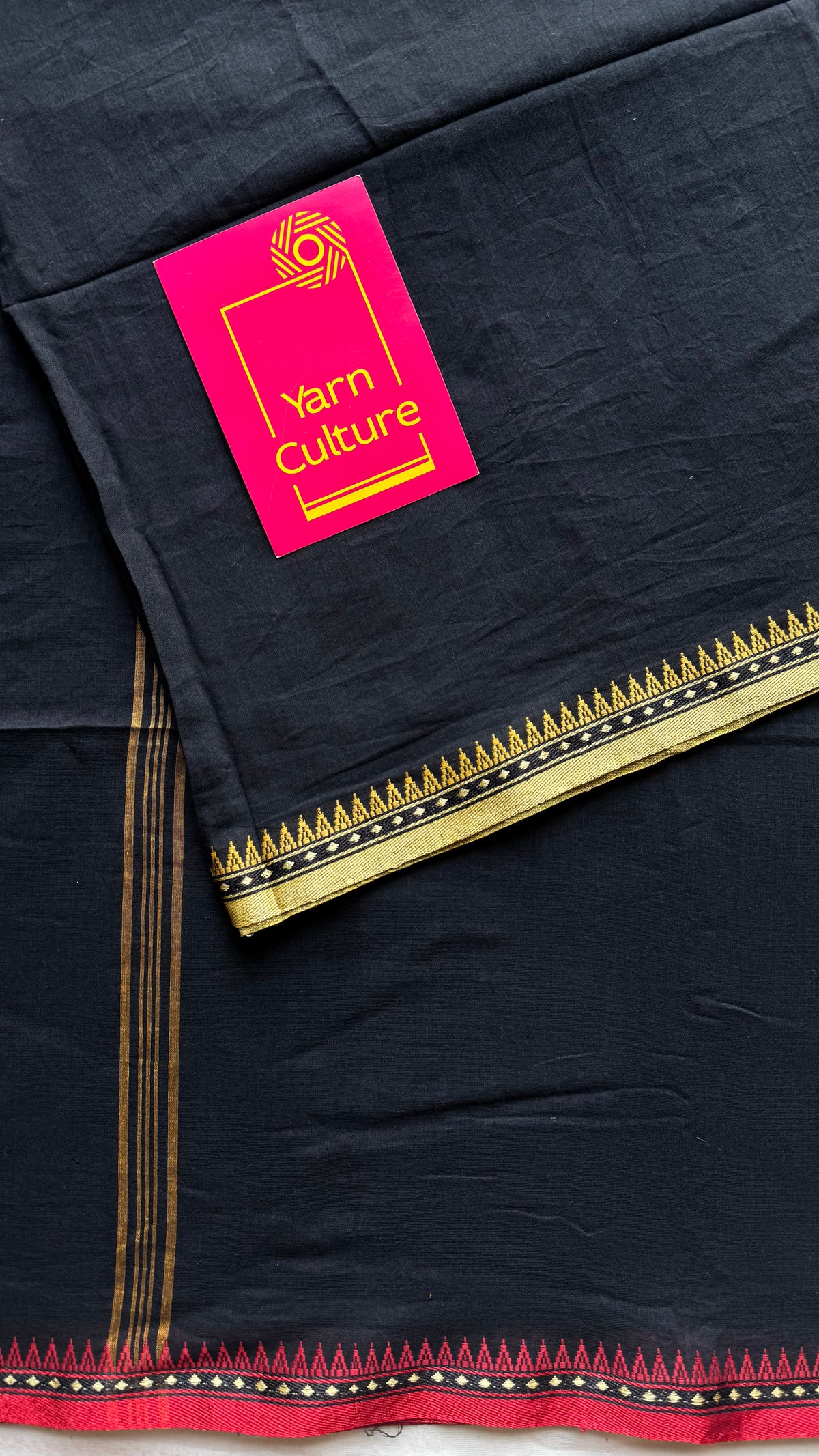 Handloom Bengal soft cotton saree, black with cream and red woven dual tone borders - YCBCMCSE42