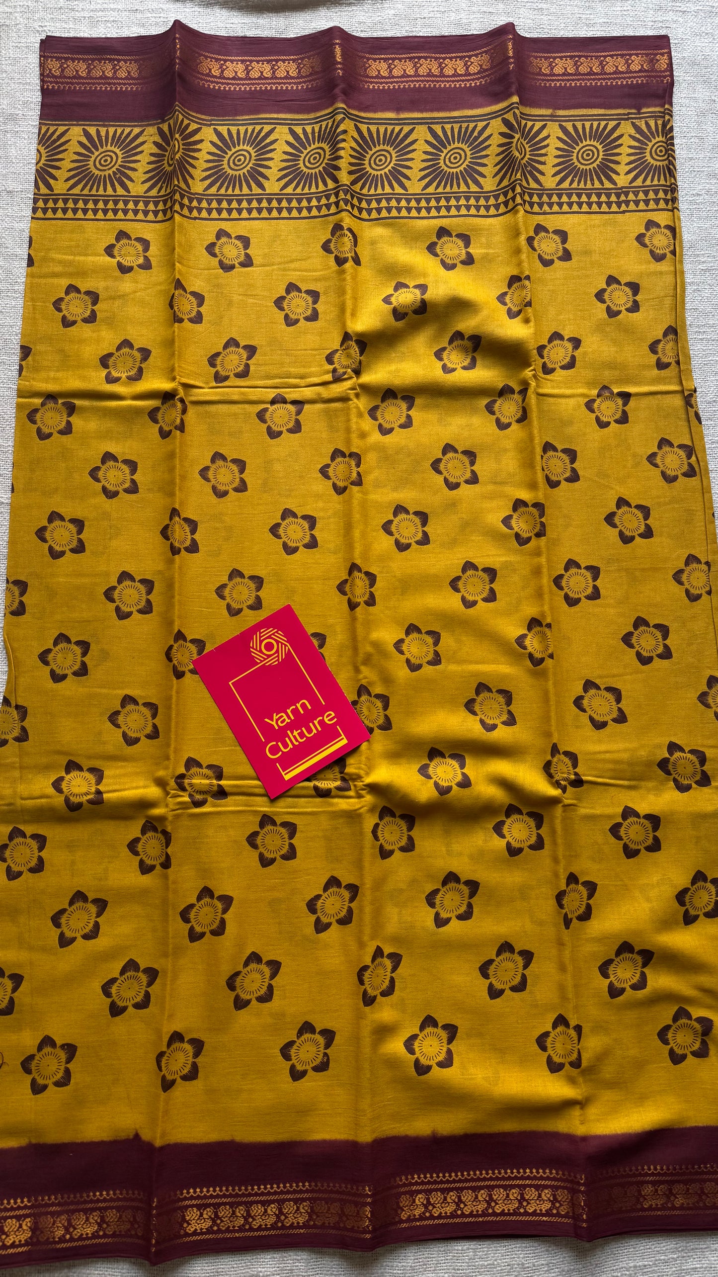 Yellow with maroon, motif printed, kattuchayam dyed madurai sungudi cotton saree - YCCOTNMSFE74