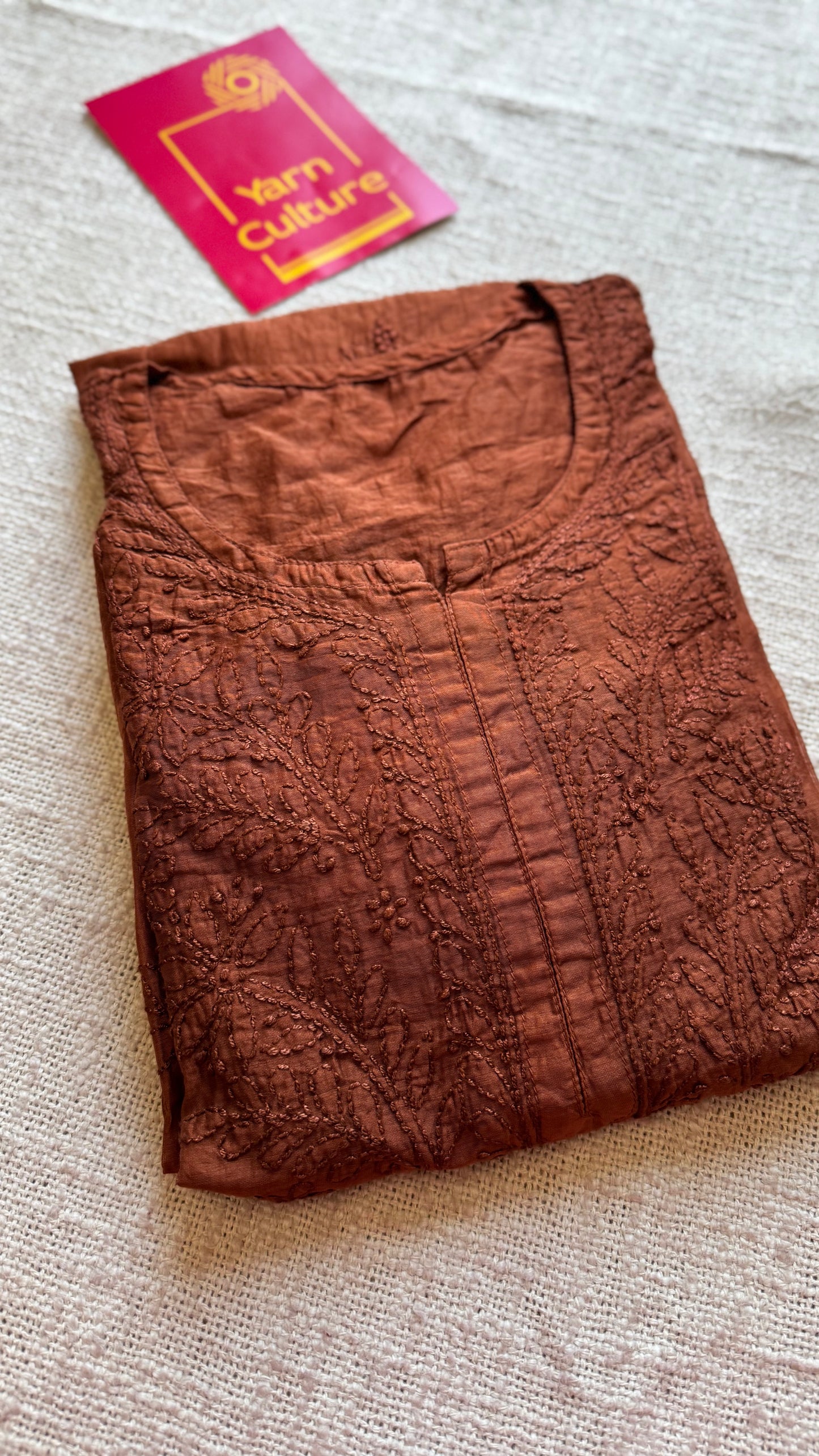 Brown muslin chanderi chikankari with bakhiya work, stitched kurta, round neck, three fourth sleeves - YCSECK29