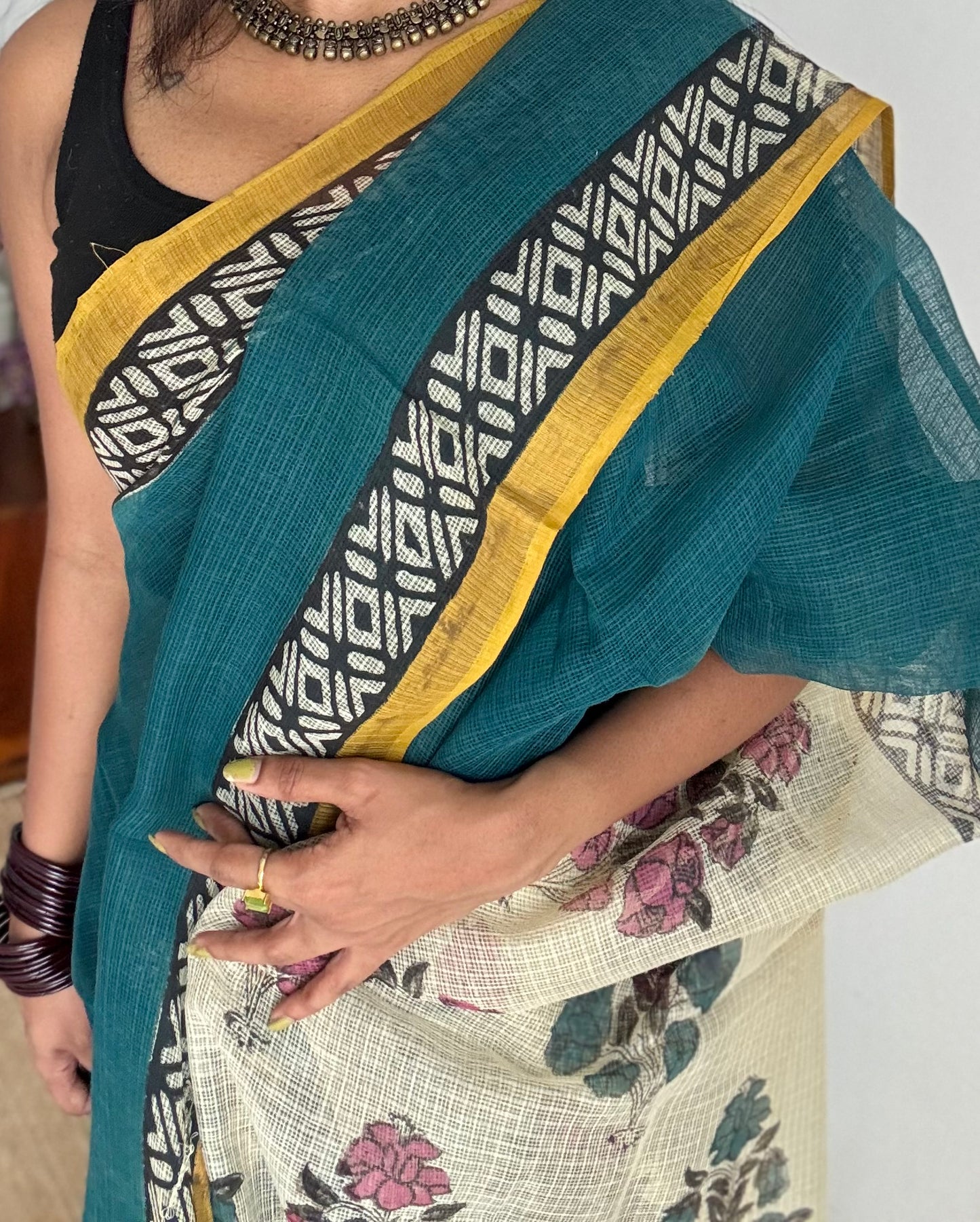 Teal Tadka - teal blue with yellow kota doria saree, with gold zari border - YCTORKDAP11