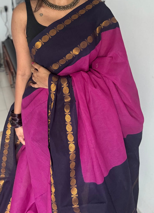 Purple pink with dark blue sungudi, kattuchayam dyed, madurai cotton - YCCOTNOCSC15