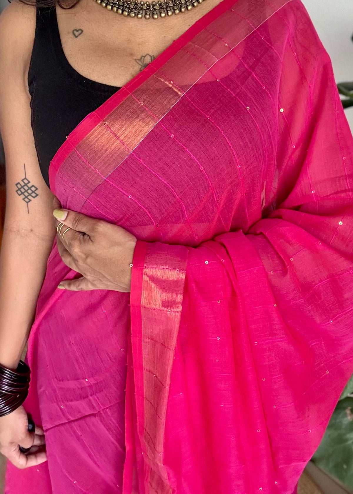Hot pink mul cotton saree with sequins and zari border - YCBCMCSE34