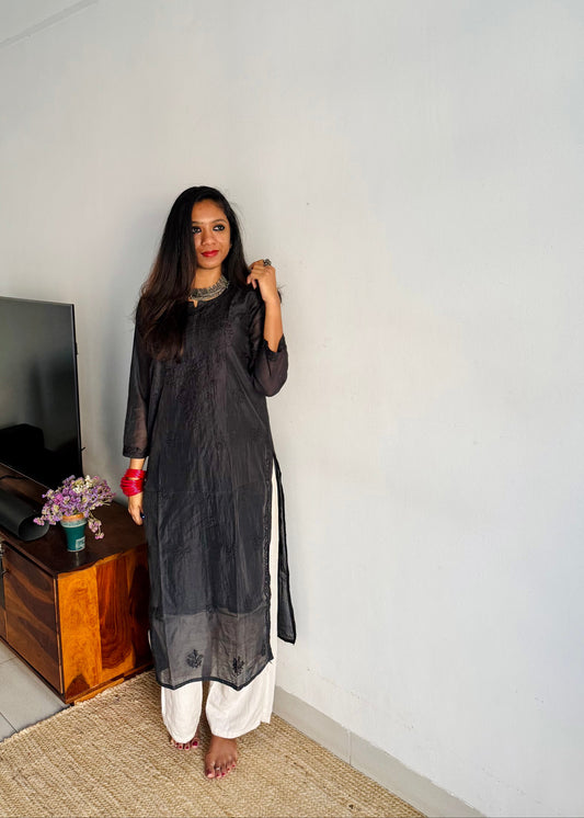 Black muslin chanderi chikankari with bakhiya work, stitched kurta, round neck, three fourth sleeves - YCSECKJA120