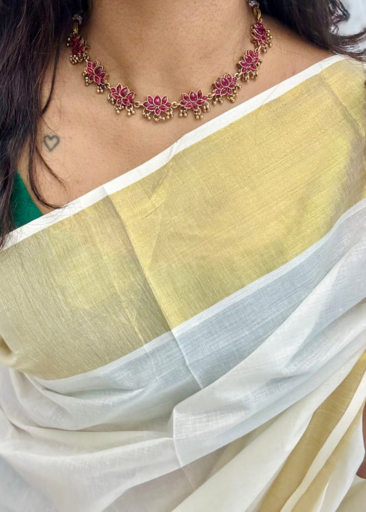 Dark pink lotus pendants with antique gold bead drops, necklace- YCAGC128