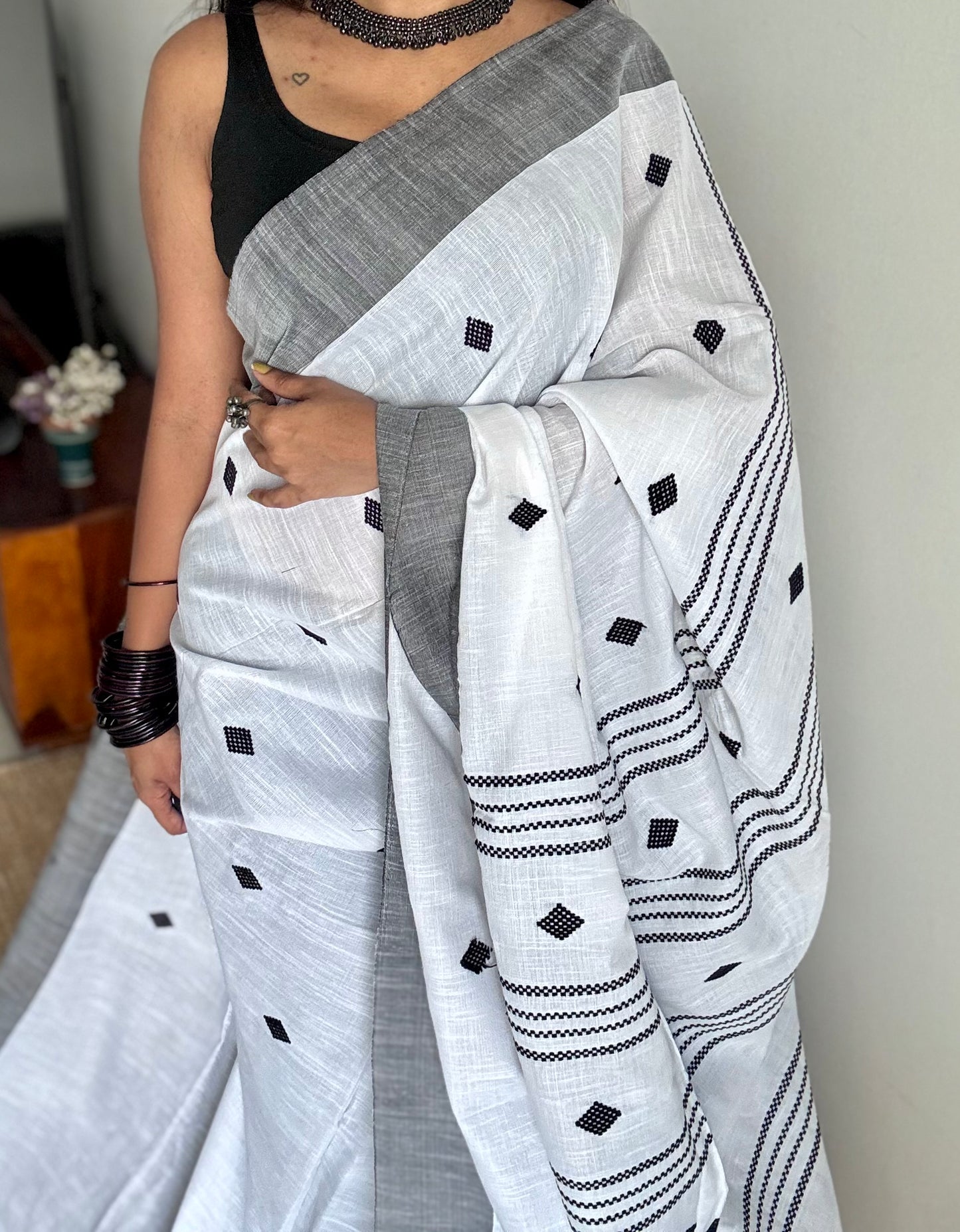 White with black, soft khadi cotton with woven motifs - YCBCKCDE23