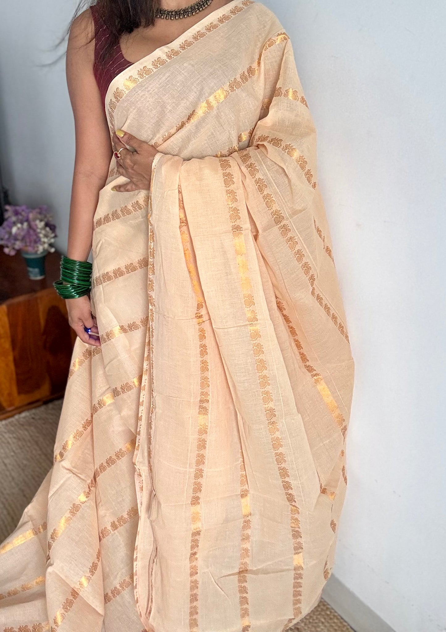 Sandal shade with multi peacock motif lines, kattuchayam dyed sungudi cotton - YCCOTNMSFE261