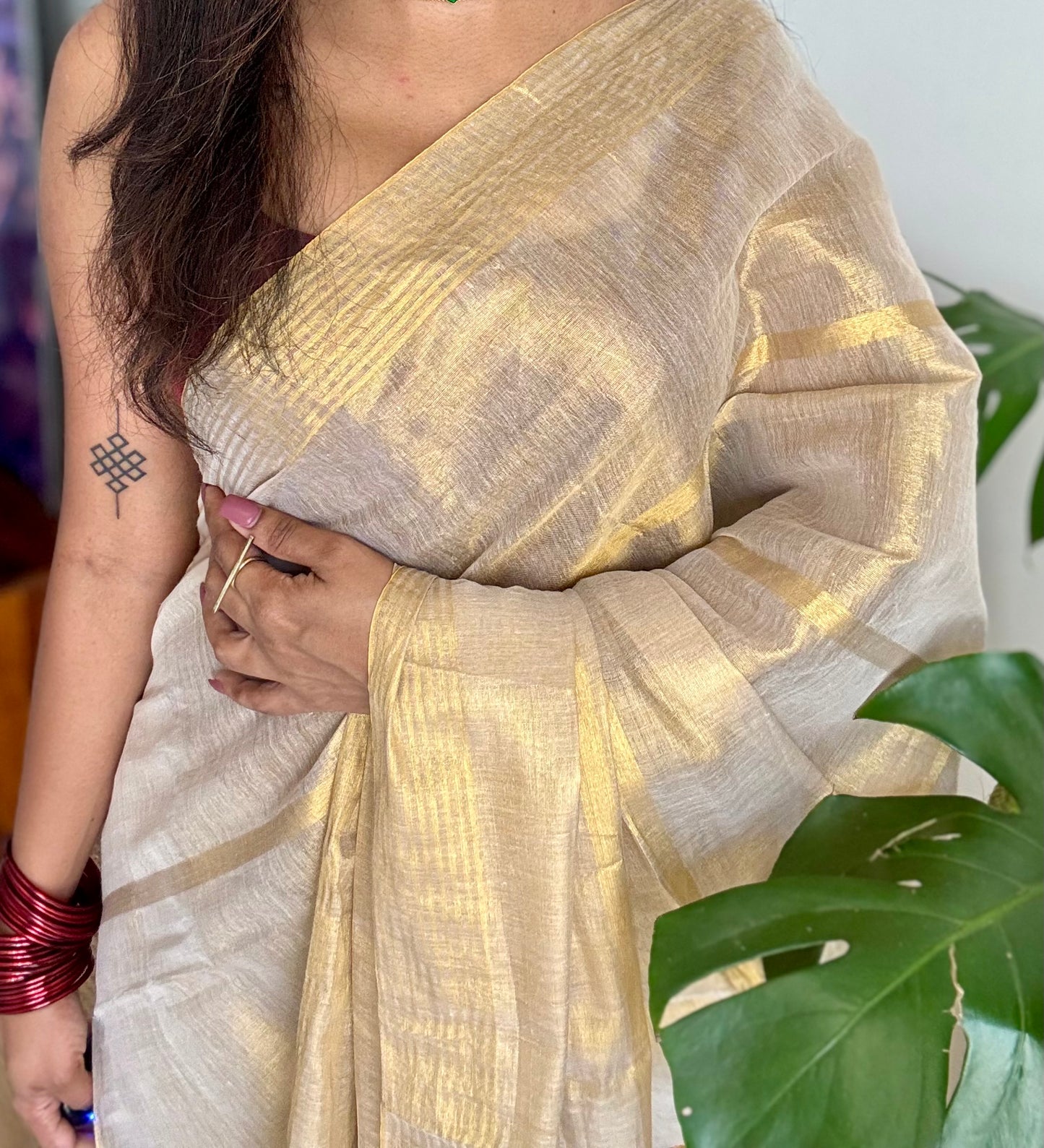 Gold mul tissue saree, gold stripes - YCIEON06