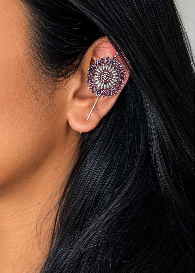Oxidised silver, floral patterned earcuff - YCOSEC704