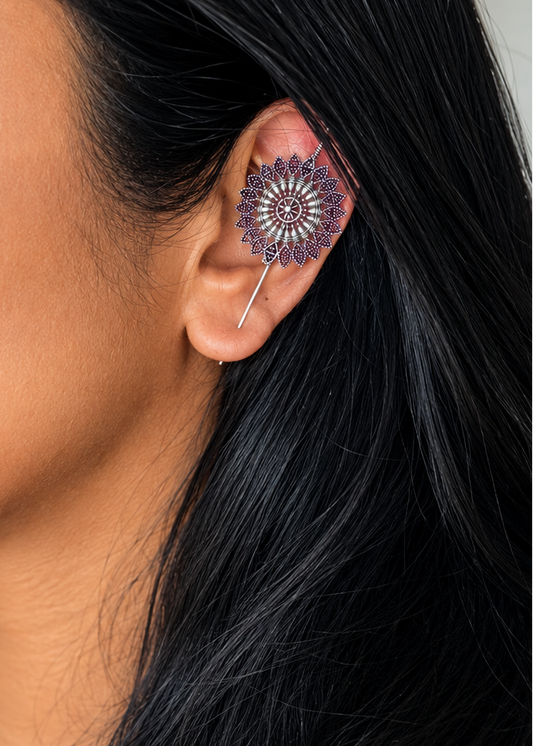 Oxidised silver, floral patterned earcuff - YCOSEC704