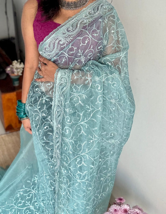 Aqua Aura - soft blue organza, with threadwork and sequins - YCDOSNO33