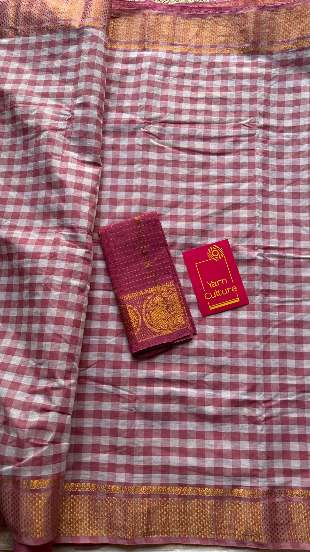 Dusty pink with multicoloured checks, sungudi and chettinad cotton half and half saree - YCCOTNIDOC136