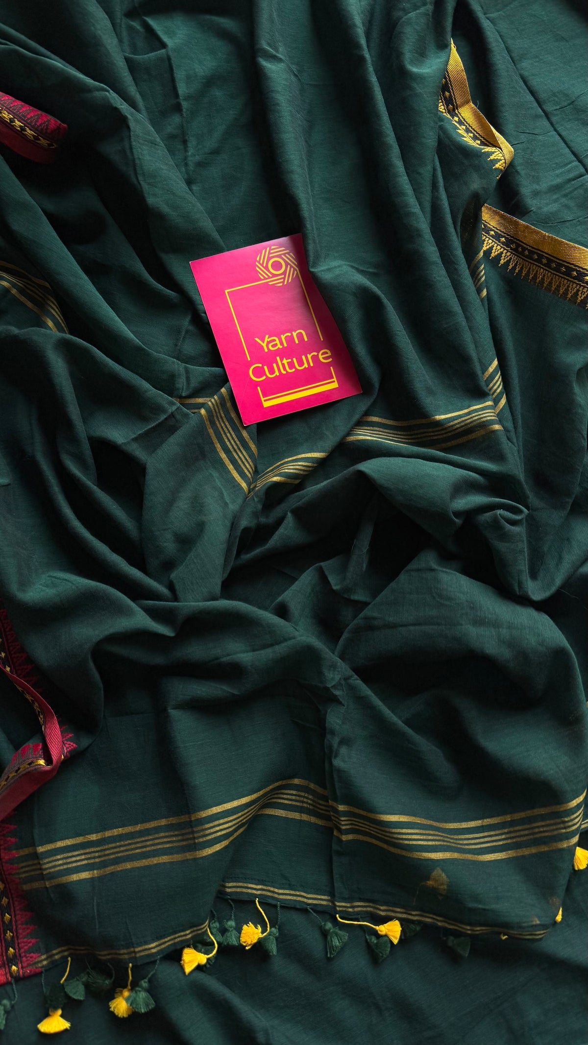 Handloom Bengal soft cotton saree, dark green with yellow and red woven dual tone borders - YCBCMCSE41