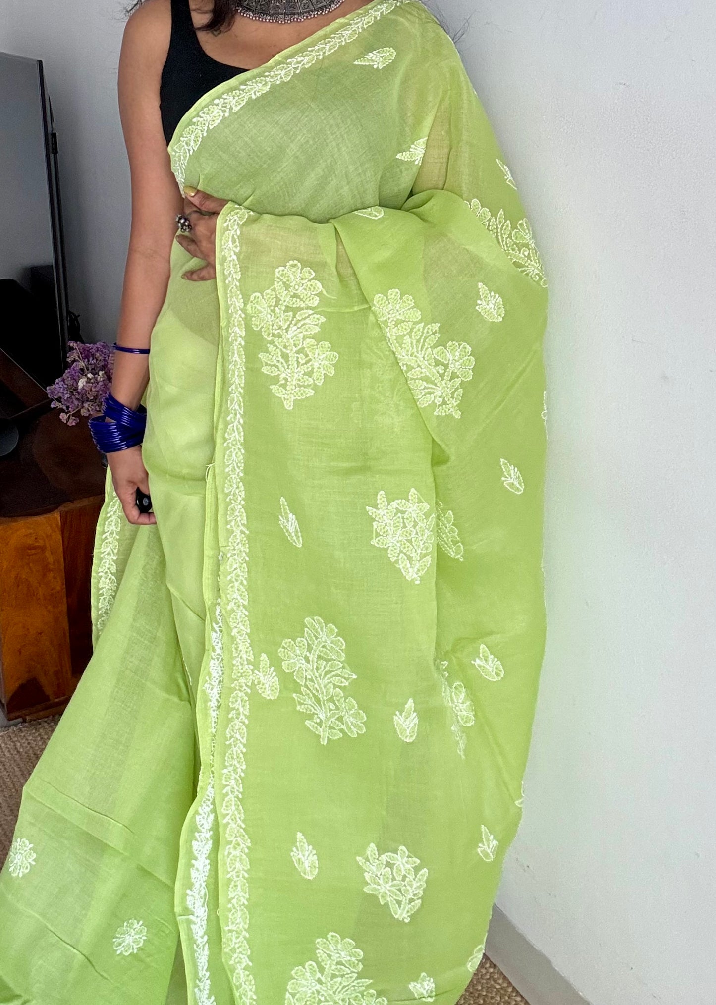 Saanjh - pista green hand-embroidered chikankari cotton saree - YCLCKFE415