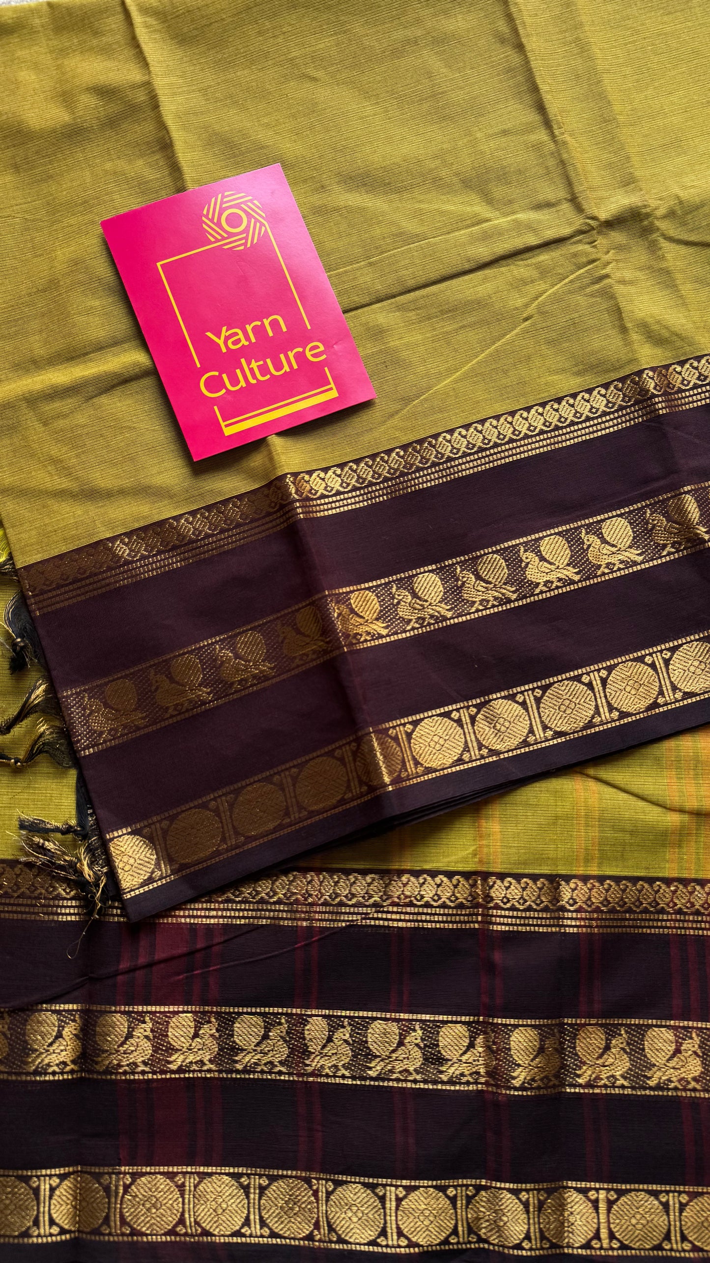 Lemon ginger green with brown contrast border, kanchi cotton - YCCOTNOCCC04