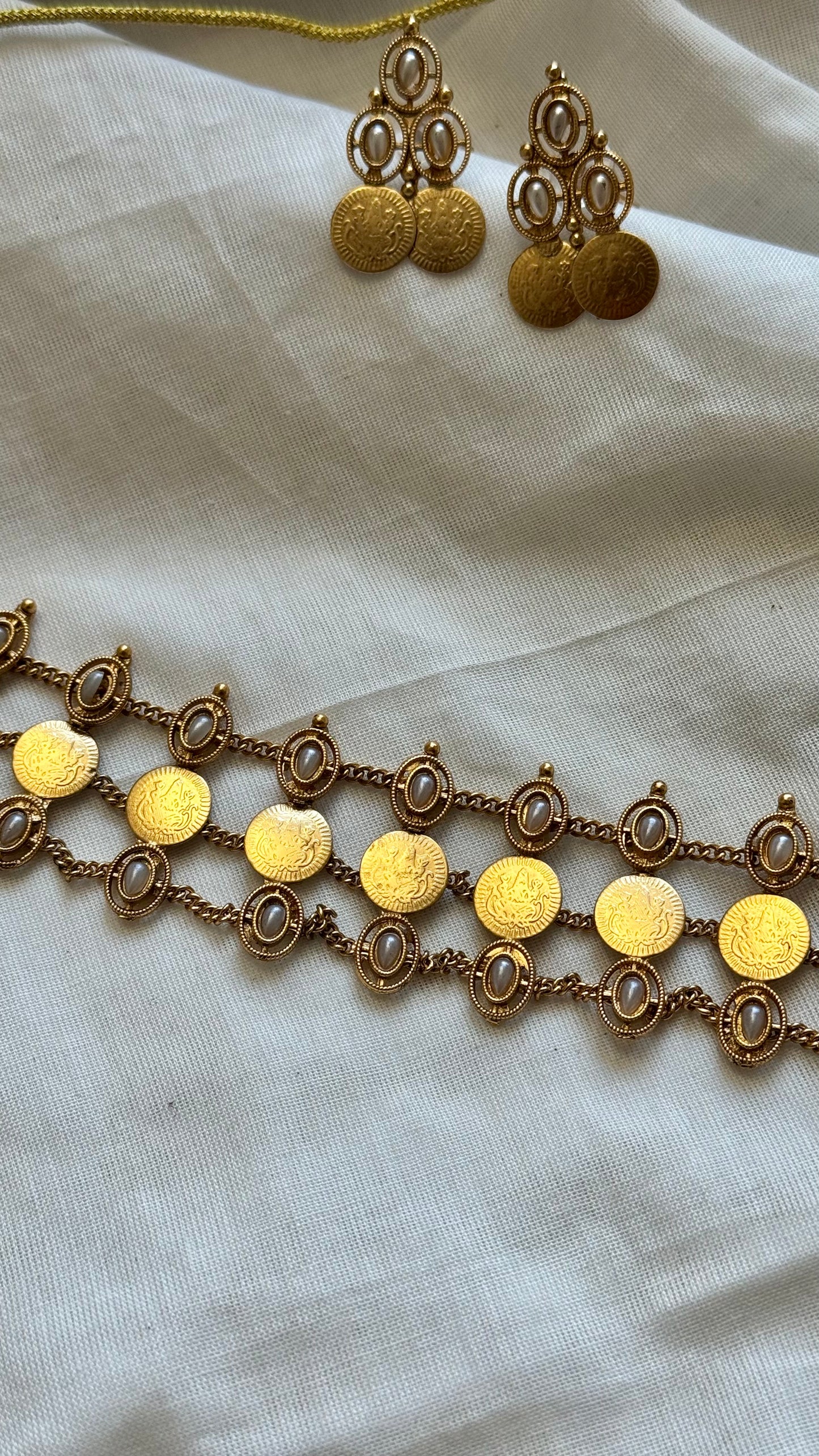 3 layered coin and pearl neckpiece with earrings - YCGPNP633a