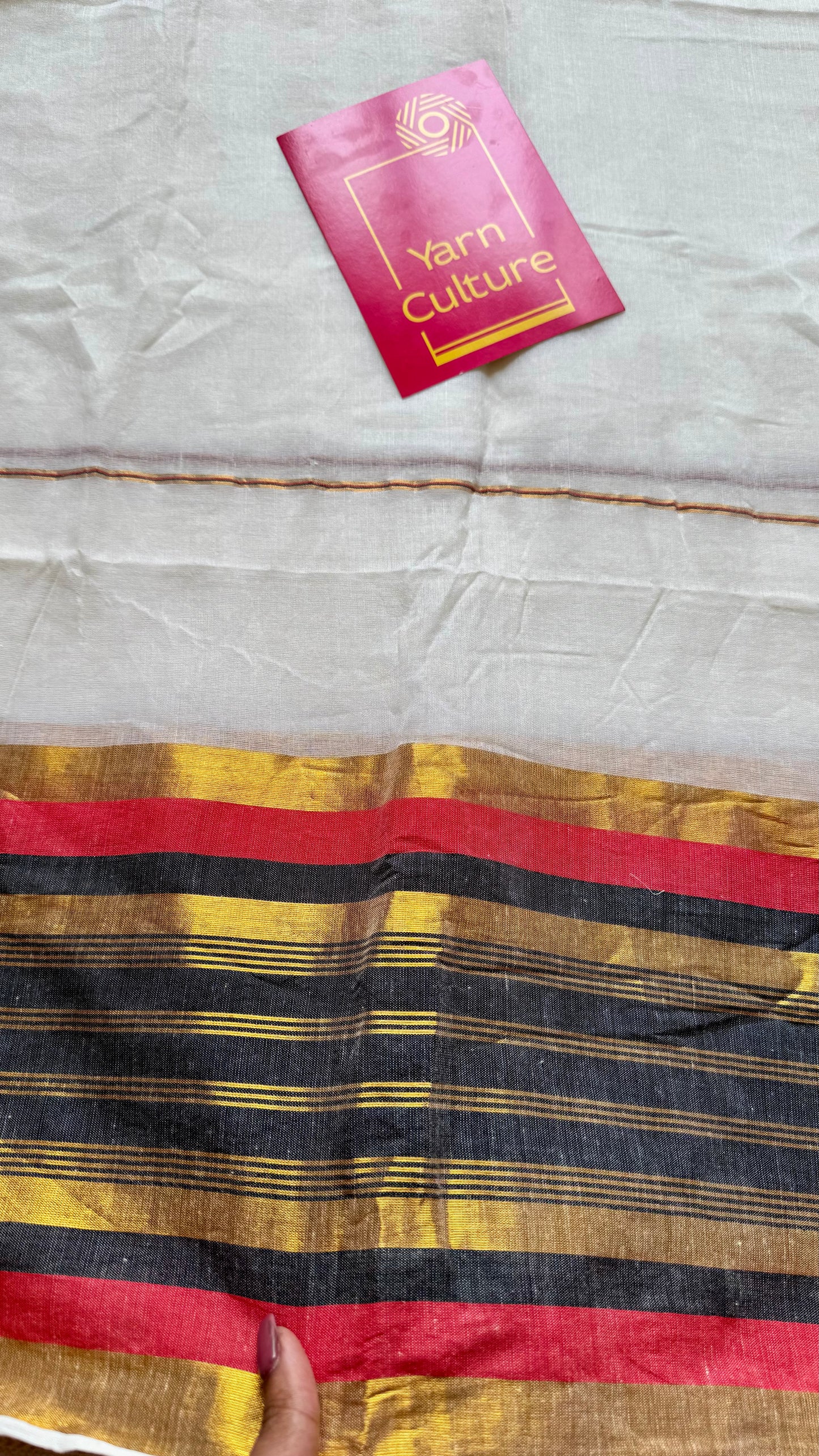 Ivory mul saree, red, black and gold striped border - YCIEON36