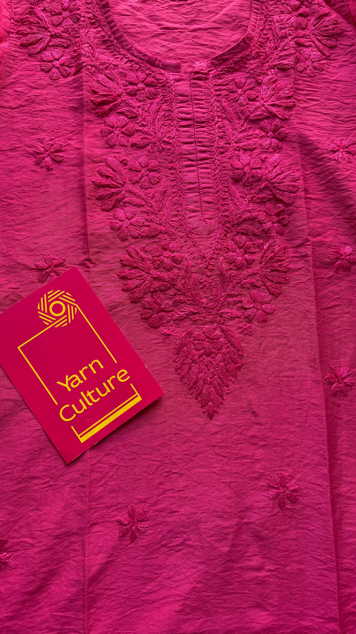 Hot pink chanderi chikankari with ghas patti work, stitched kurta, round neck, three fourth sleeves - YCSECK09