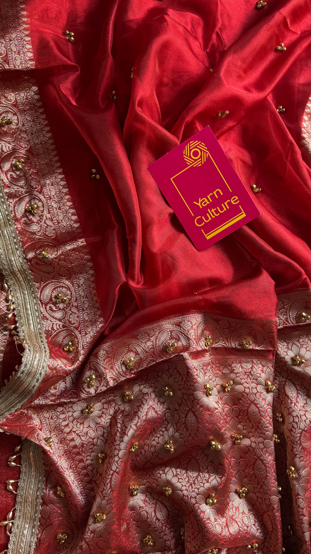 Red gold tissue Banarasi saree with ghungroo embellishments and beaded lace zari border - YCBLTOC69