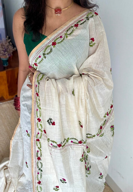 Ivory maheshwari cotton silk blend with red and magenta floral kantha threadwork - YCBLJULMK02