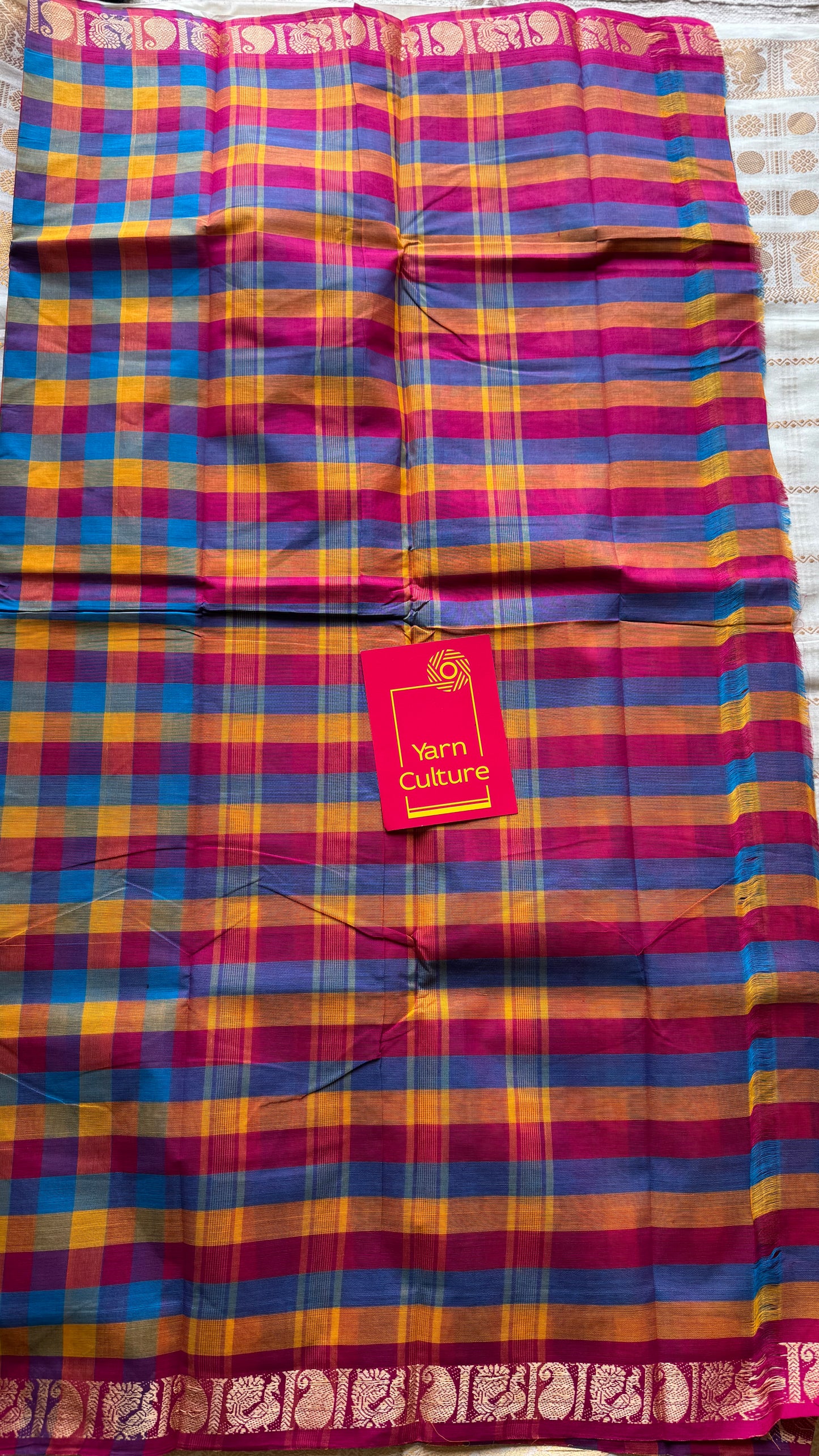 Multicolour Chettinad cotton saree with Paalum Pazhamum checks (pink, blue, orange, yellow)- YCCOTNJUCC01