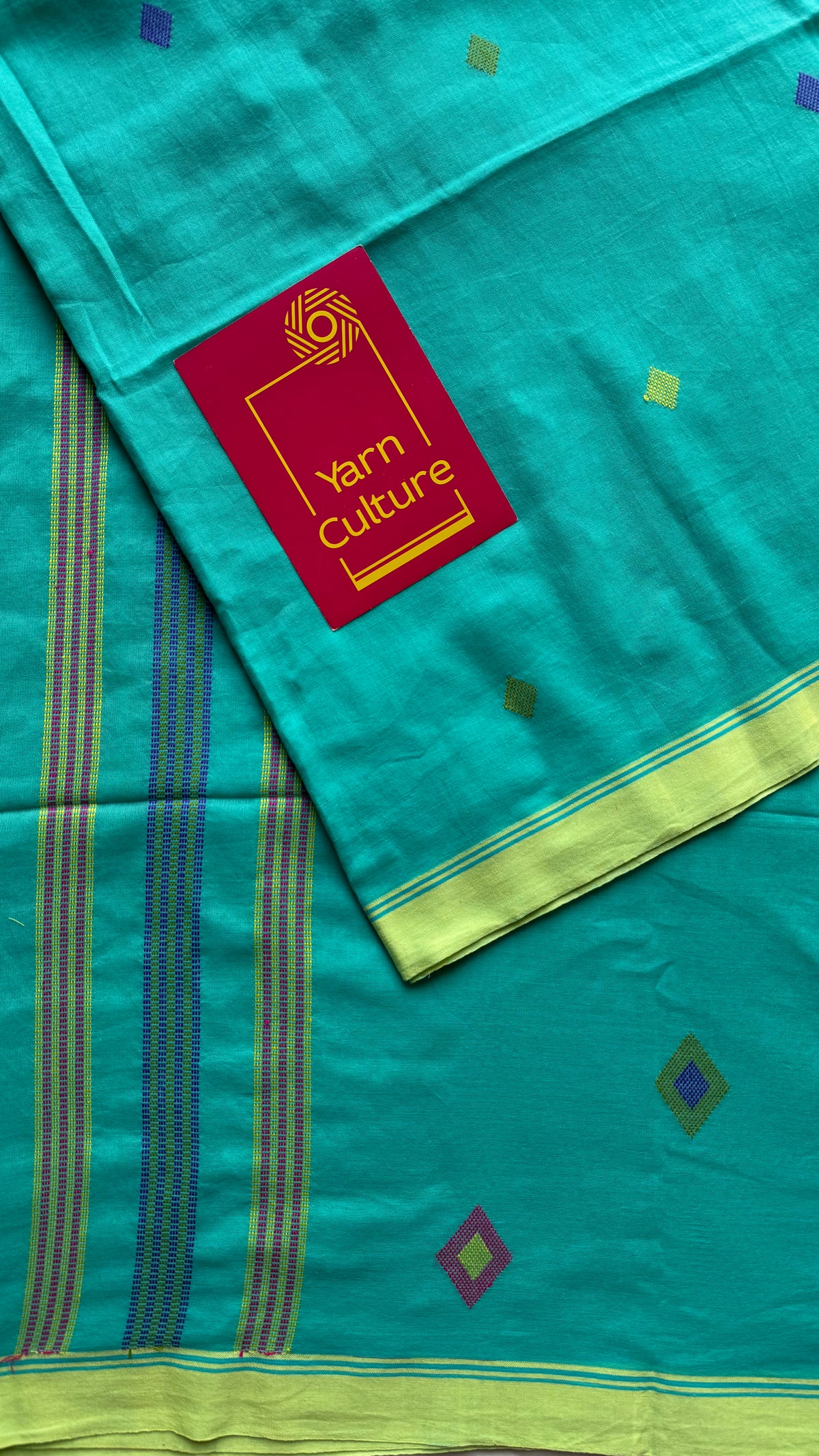 Handloom Bengal soft cotton saree, turquoise with woven buttas and lime green borders - YCBCMCSE38