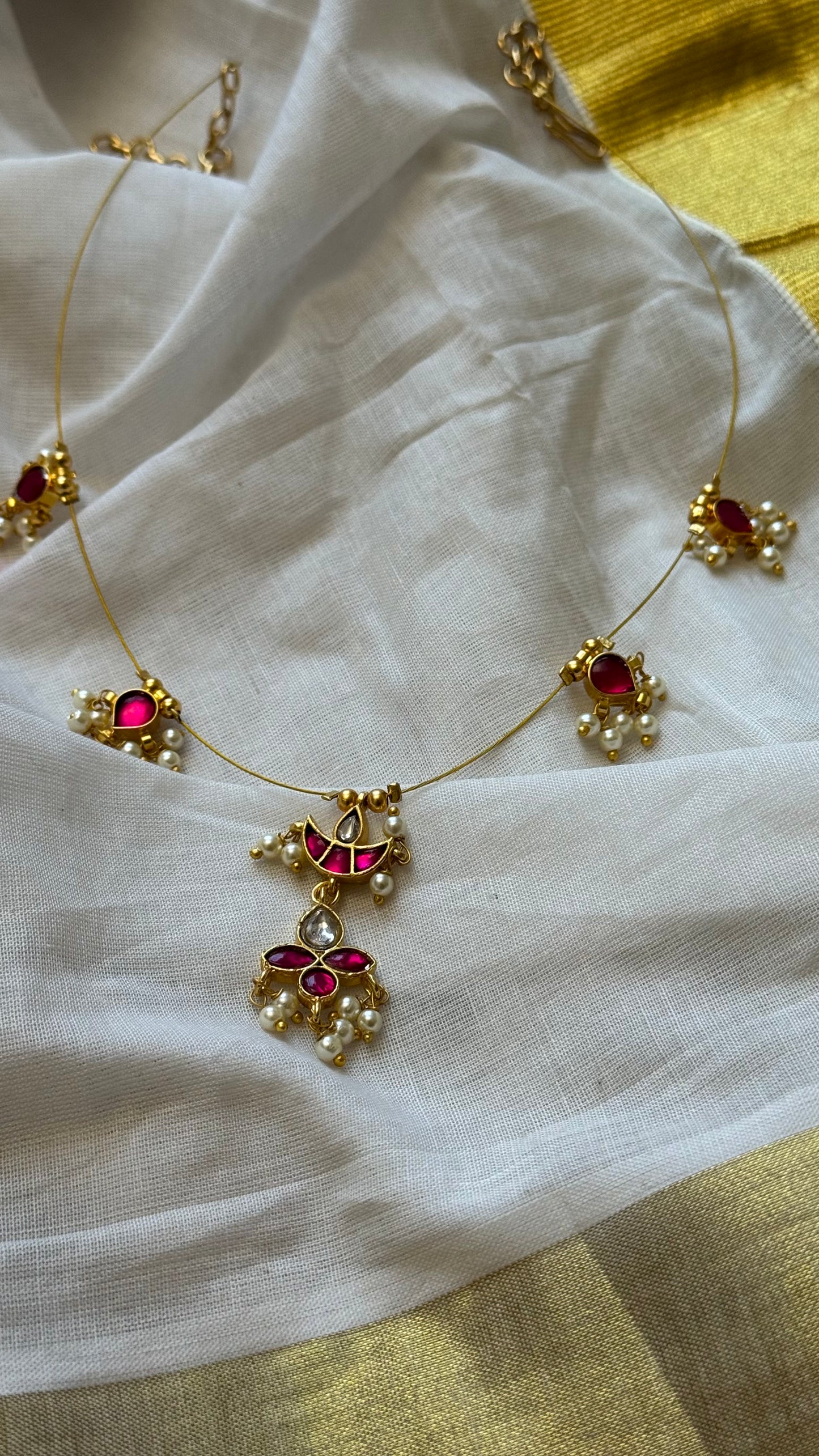 Invisible neckchain with jadau kundan stones & pearl hangings - ruby, white - YCGPNP691