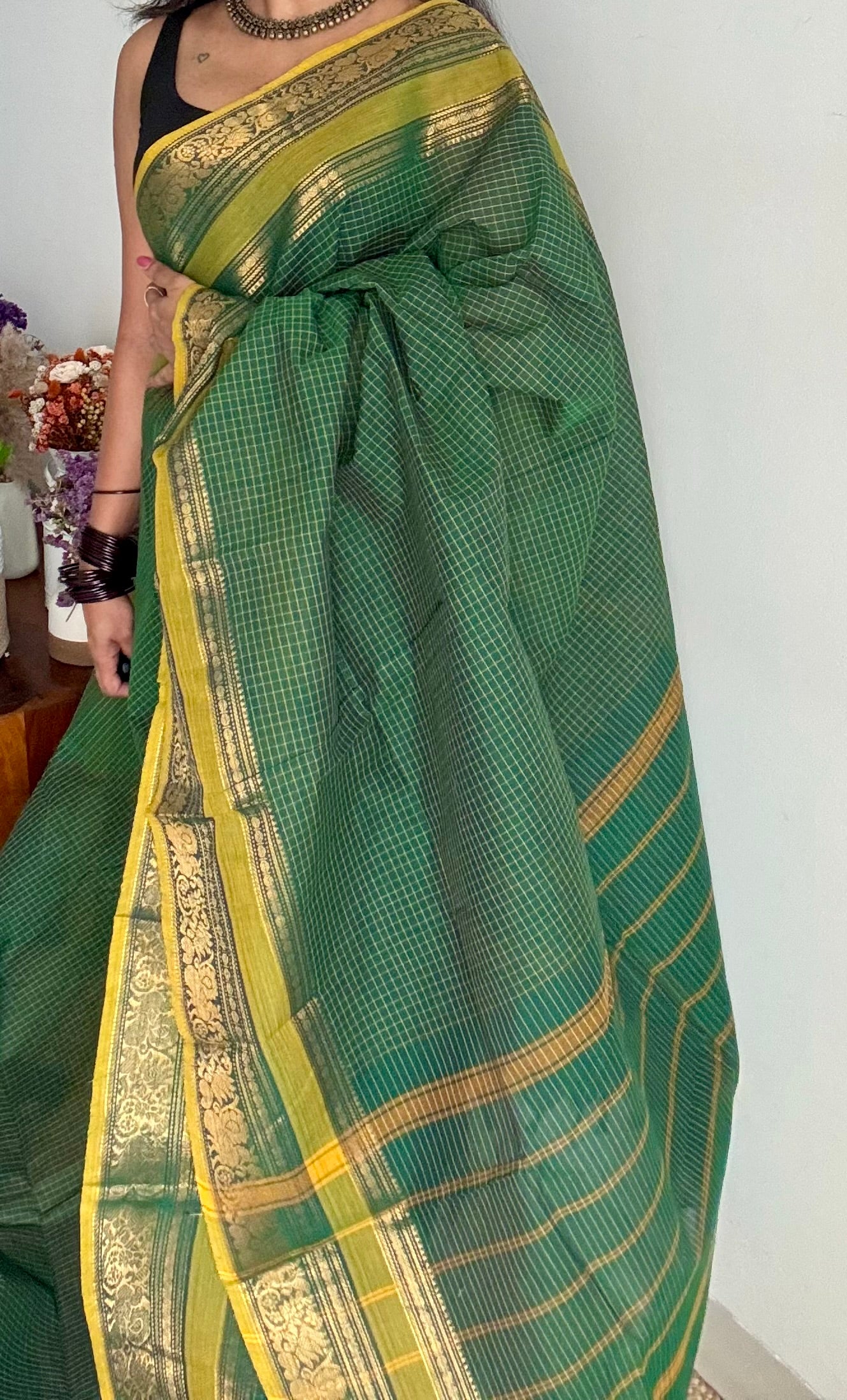 Kanchi cotton saree, green checks with korvai border - YCCOTNAP74
