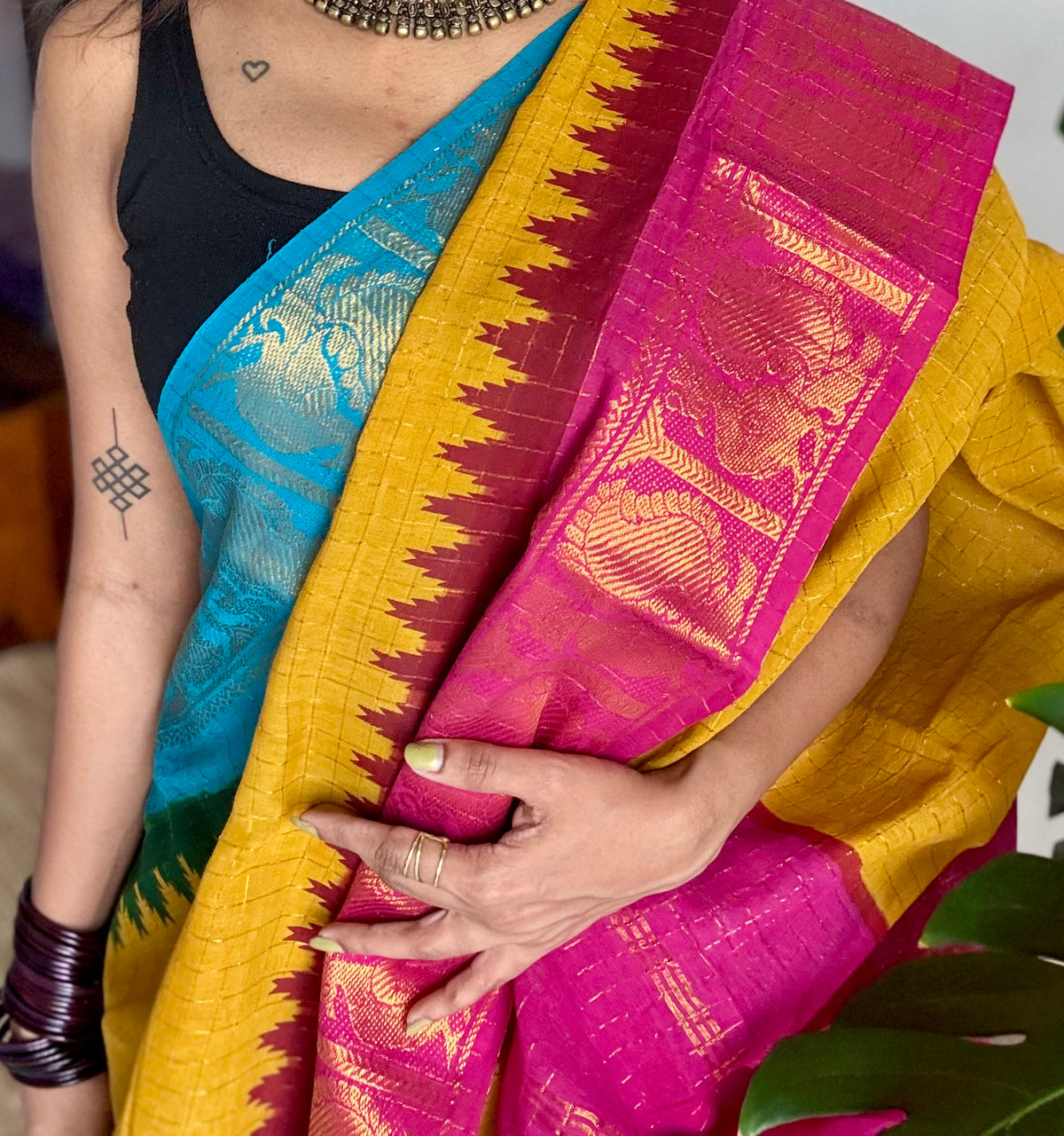 Sungudi cotton checks, mustard yellow base, blue and hot pink dual tone border, soft cotton - YCCOTNMSSE10