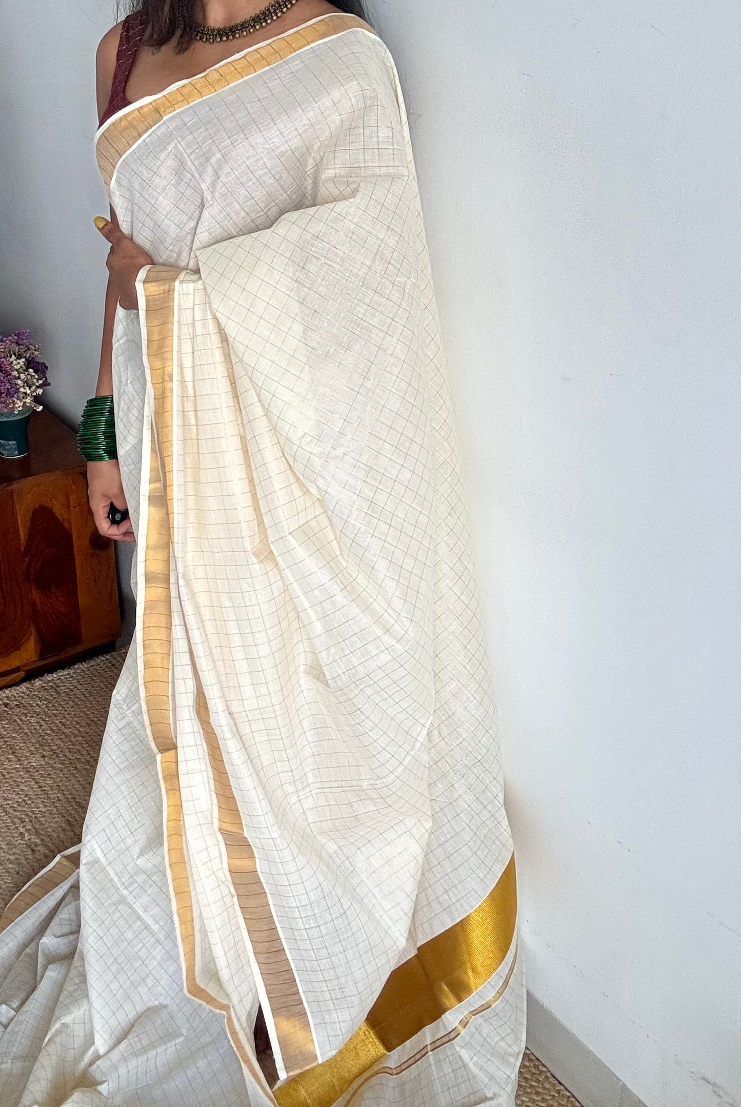 Ivory Kerala cotton saree with gold checks - YCIEKCFE318