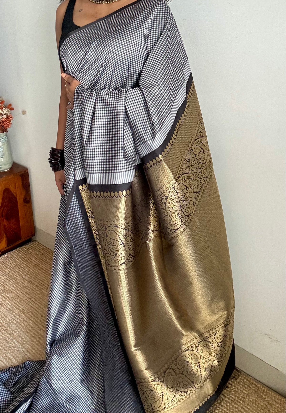 Black and white mini checks, Banarasi semi-katan silk saree with antique gold zari pallu - YCBLTOC93