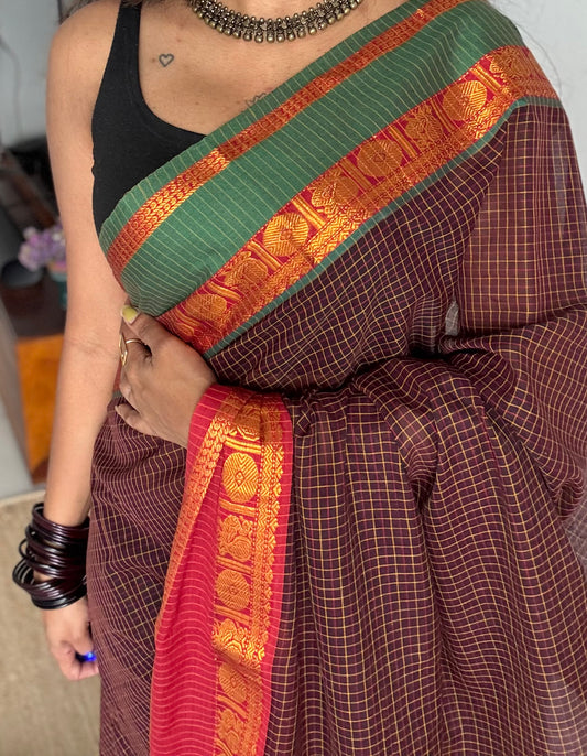 Brown checks with green and red ganga jamuna borders, premium narayanpet soft cotton - YCWOTDNPJA155