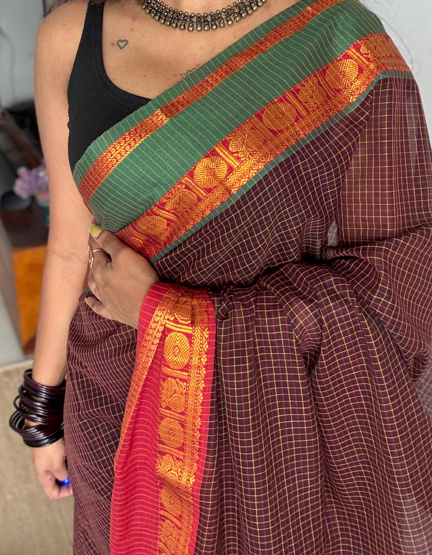 Brown checks with green and red ganga jamuna borders, premium narayanpet soft cotton - YCWOTDNPJA155