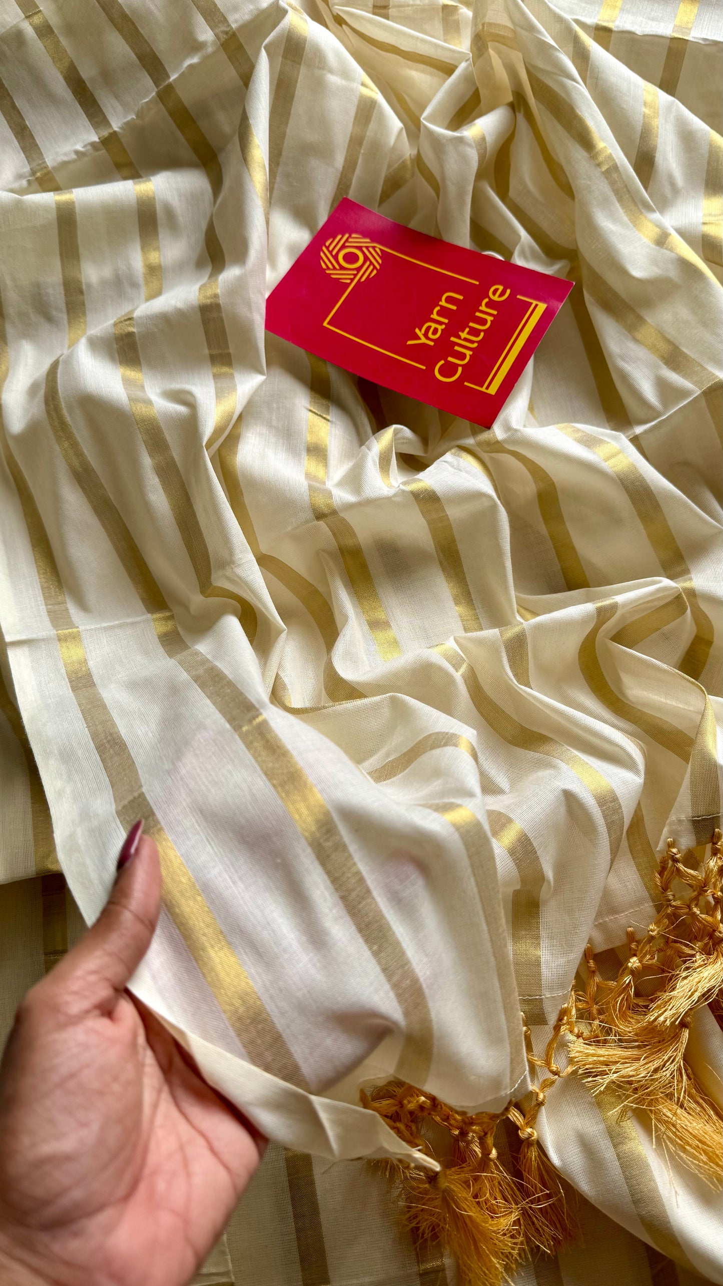 Ivory and gold soft cotton kasavu saree, broad gold stripes - YCIEON81