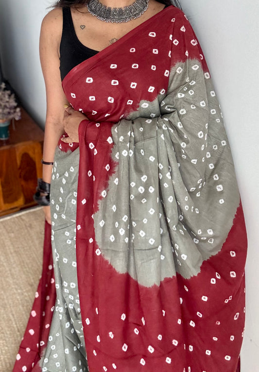 Grey with maroon Sungudi/Bandhani, soft cotton - YCCOTNSEMS74
