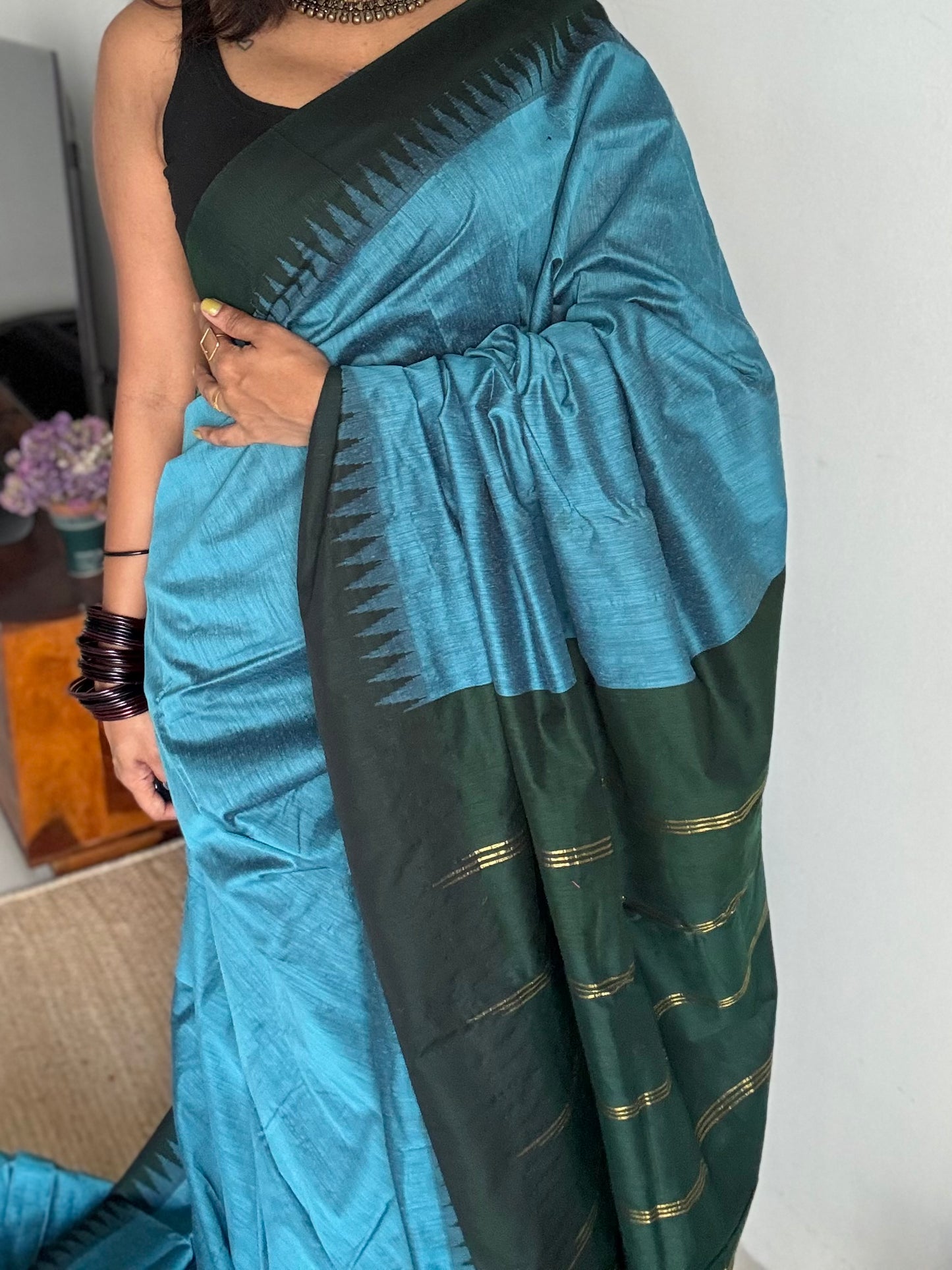 Blue with dark green contrast, temple border saree, cotton silk - YCCOTNTBFE63