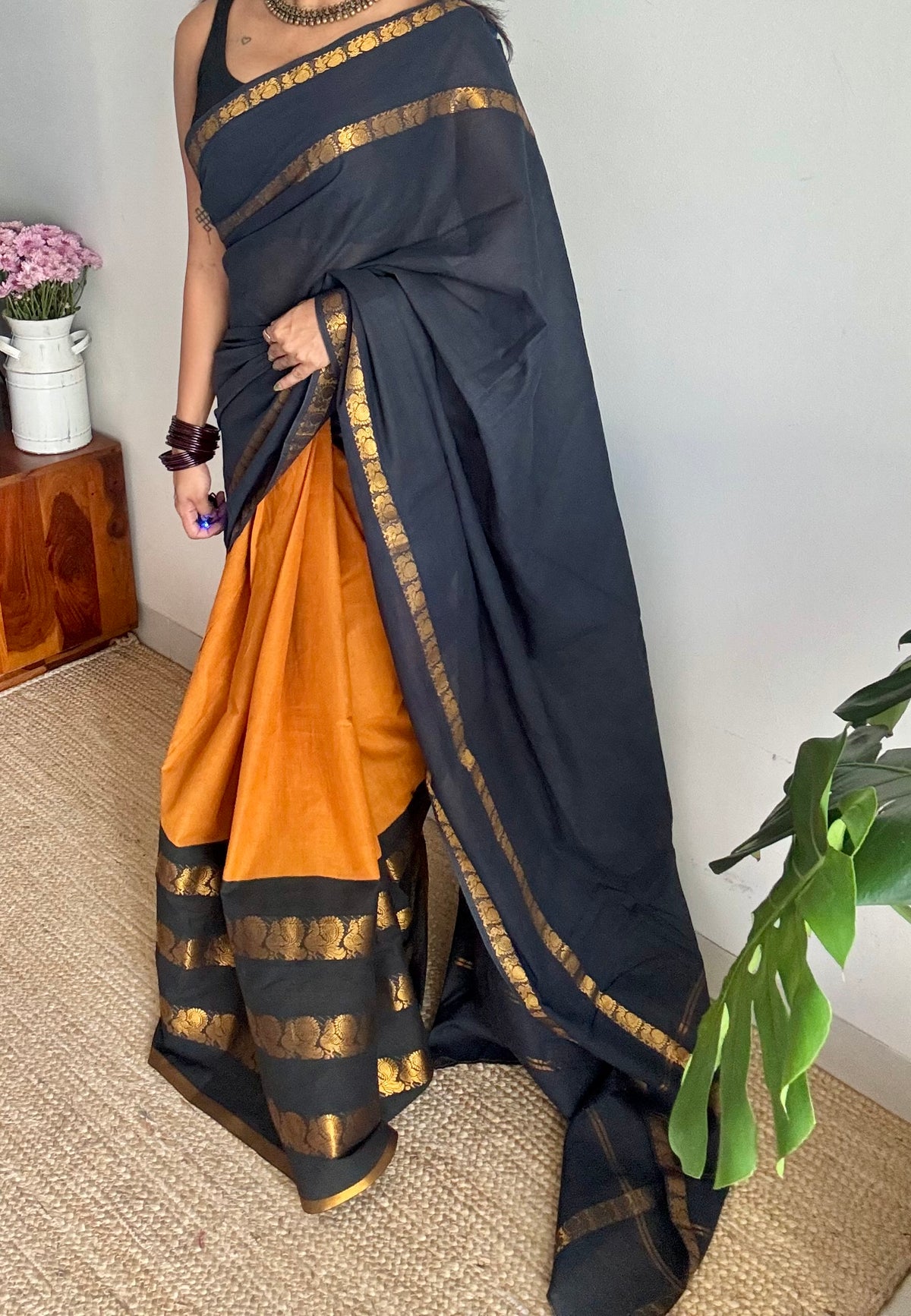 Black with turmeric yellow, cotton half and half saree - YCCOTNIDOC139