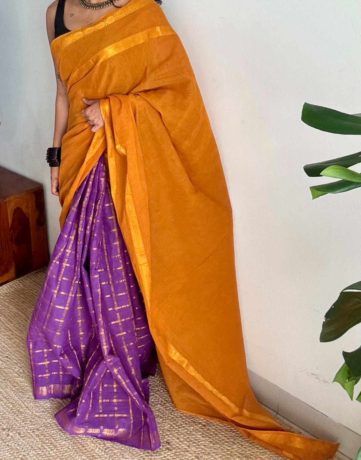 Turmeric yellow with purple, sungudi cotton half-half saree - YCCOTNIDOC13