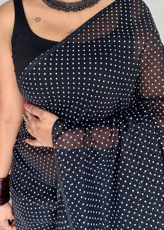 Black with white polka dots mul cotton saree  - YCBCMCAP51