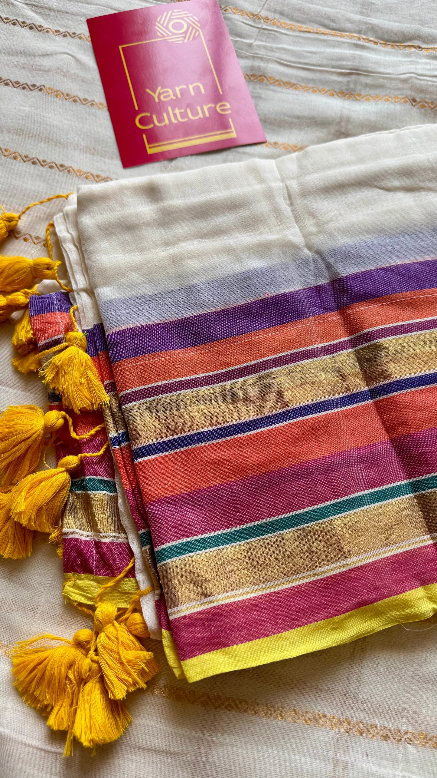 Ivory mul saree, multicoloured border - YCIEON34