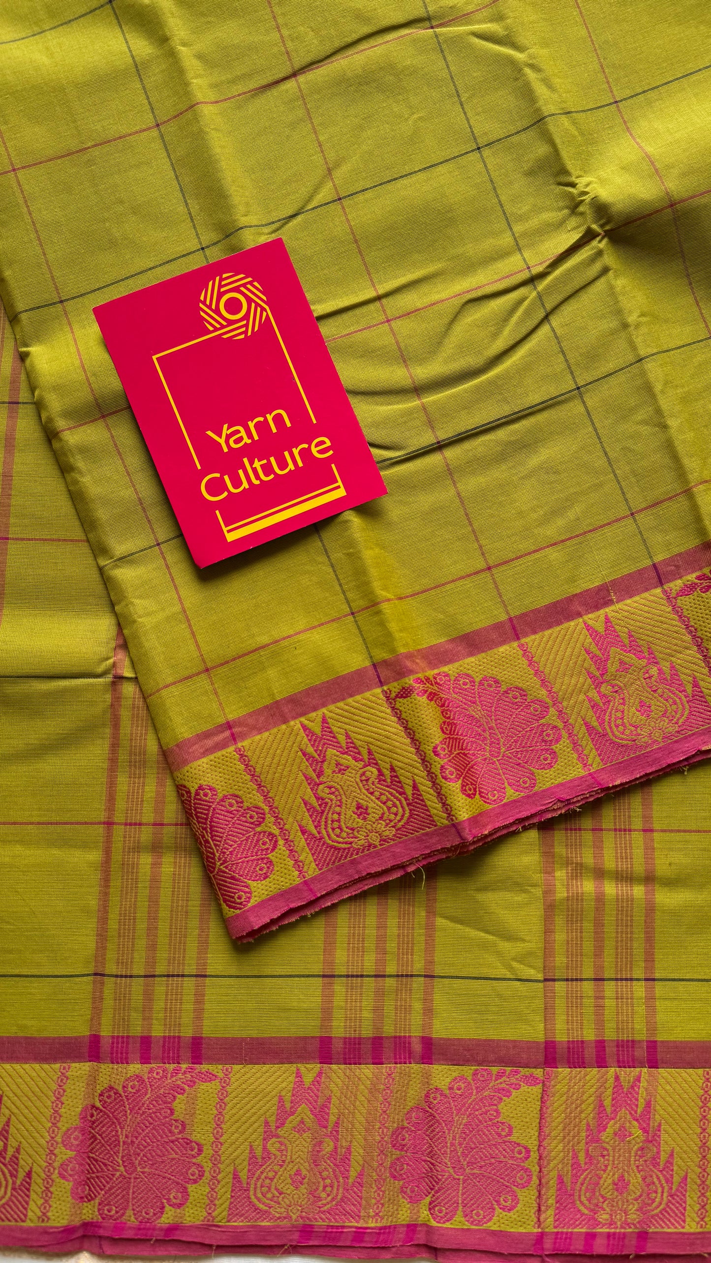 Chettinad cotton saree with lime green and pink checks, thread motif border - YCCOTNJUCC04