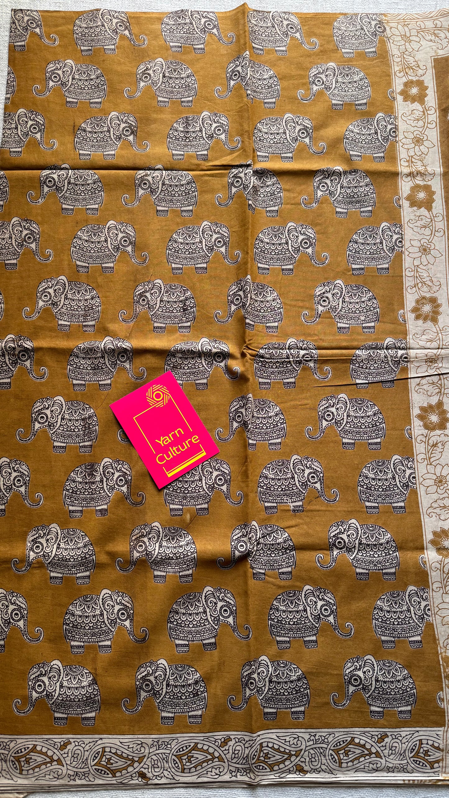 Light brown kalamkari, elephant motifs, soft cotton - YCWOTDOCMP83
