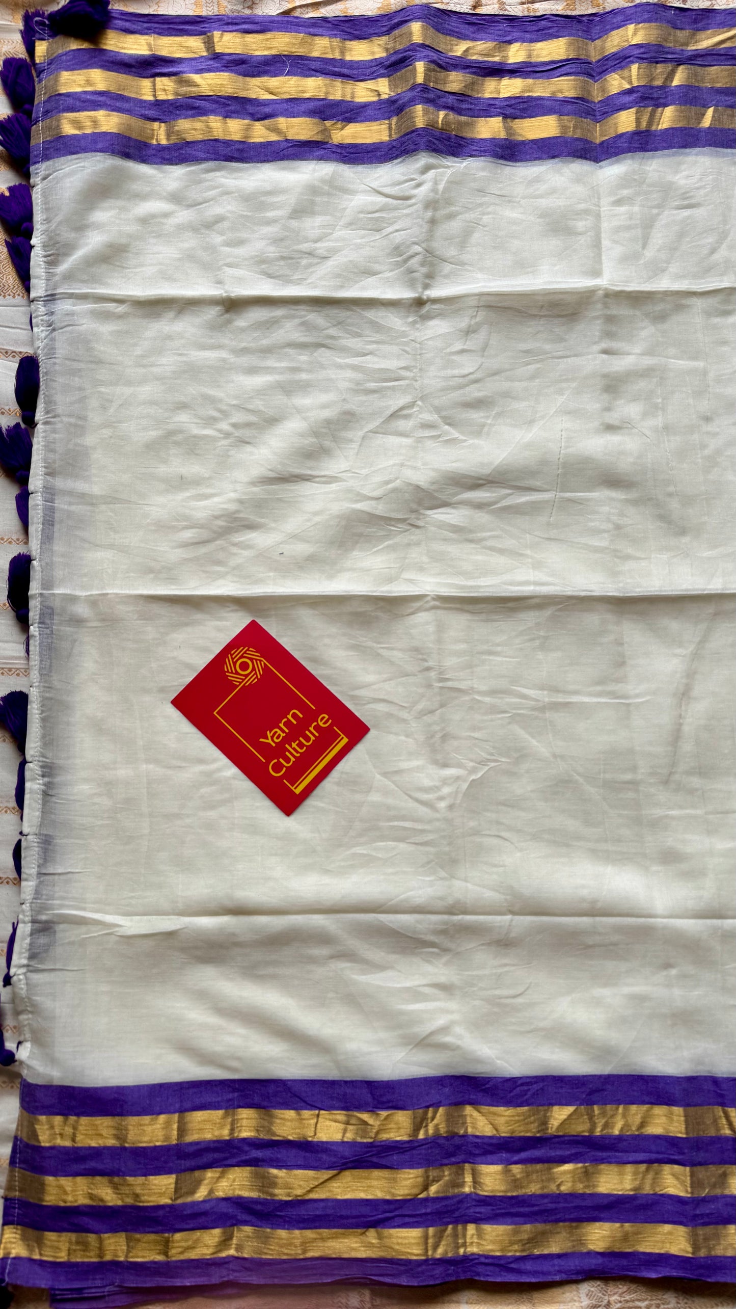 Ivory mul saree, purple striped border - YCIEON40