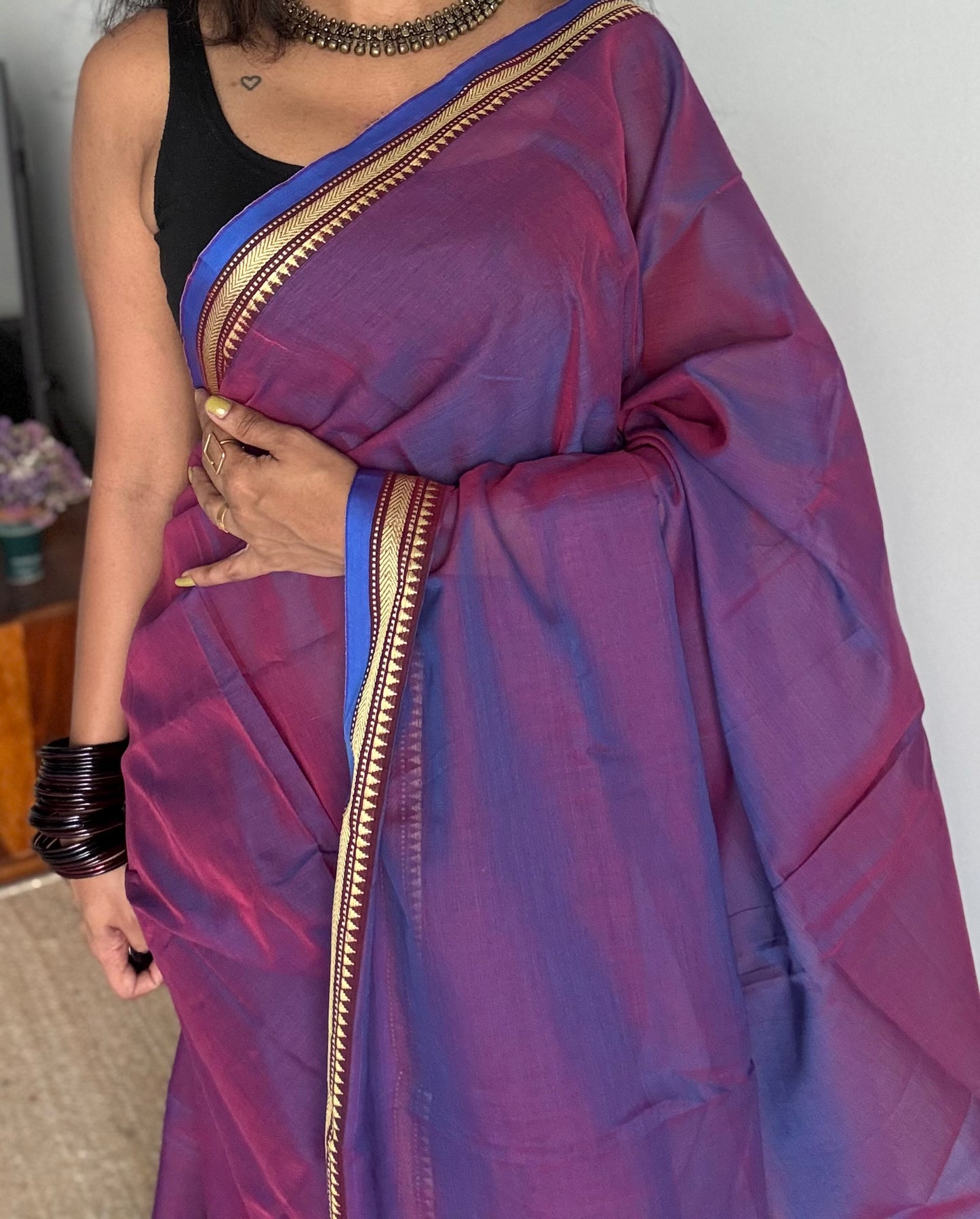 Purple pink with blue border narayanpet saree, soft cotton - YCWOTDNPFE28