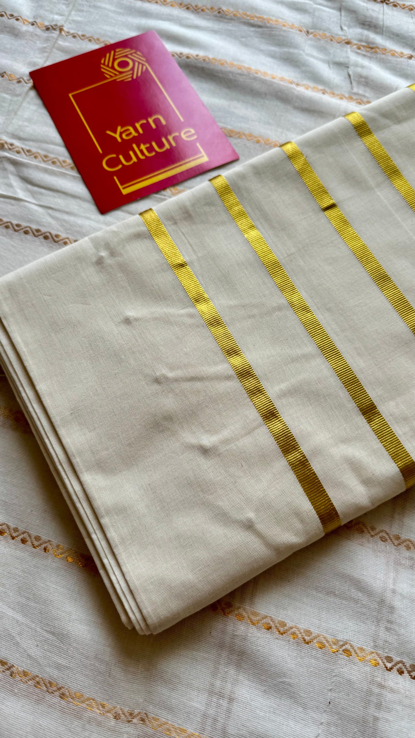 Handloom, woven in Chendamangalam Looms, ivory with gold striped pallu - YCIEON147
