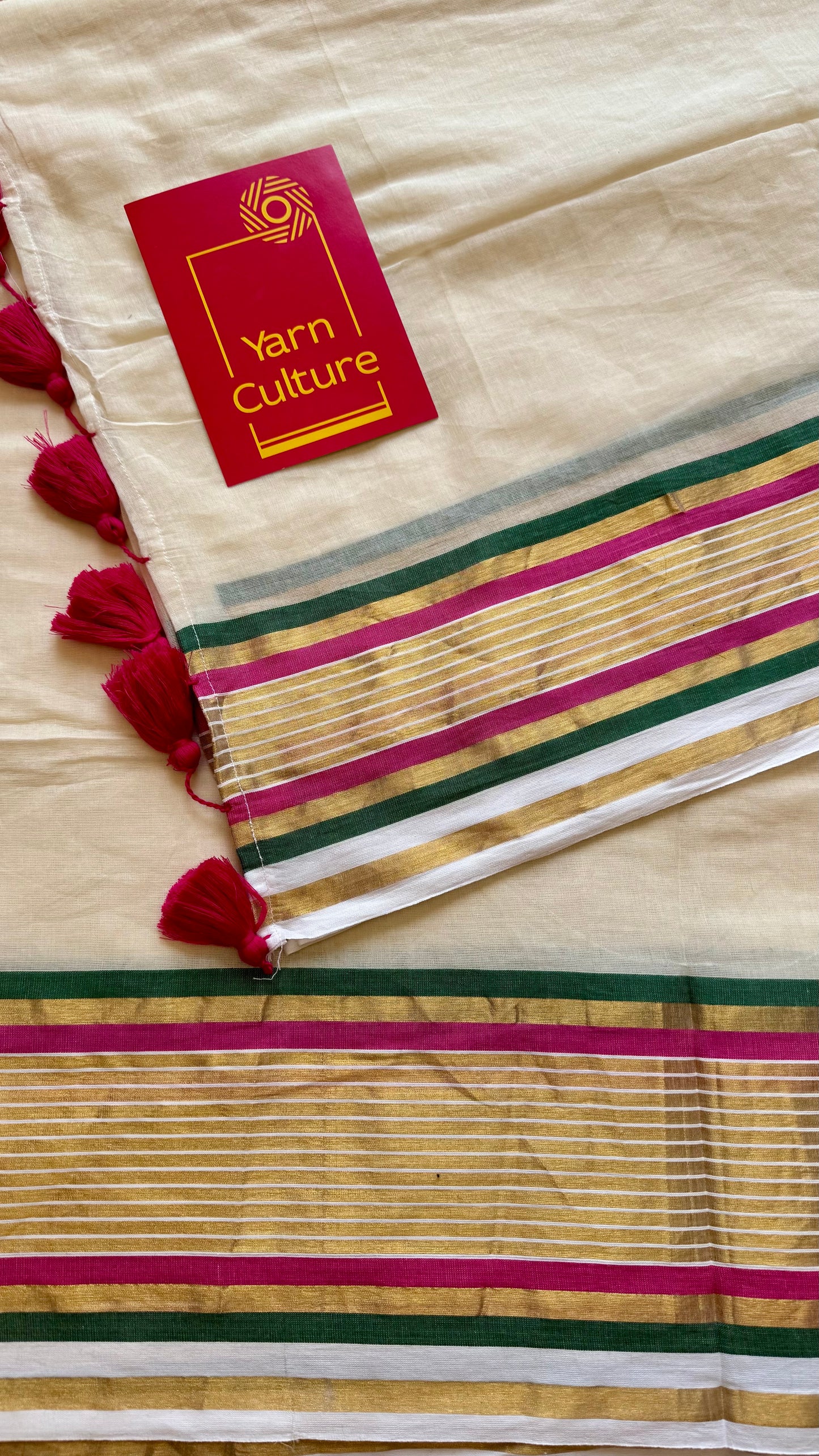 Ivory mul saree, hot pink, green and gold striped border - YCIEON14