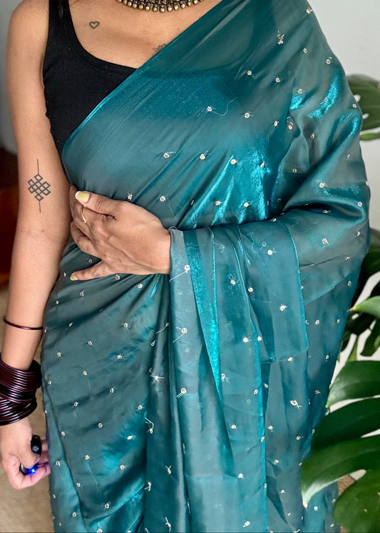 Metallic dual tone space silk saree, teal blue with sequins - YCDOSOC49