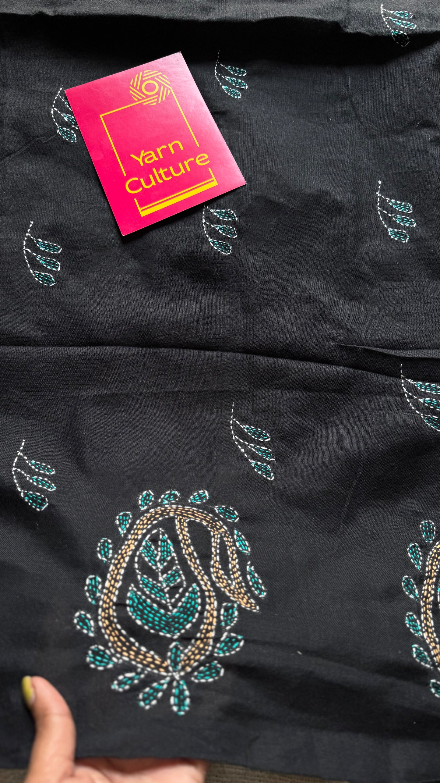 Embroidered black kantha weave in soft cotton - YCBCKKJA146